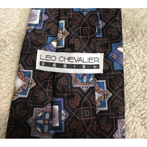 Leo Chevalier Mens Silk Geometric Pattern Tie Navy Necktie - Picture 3 of 4